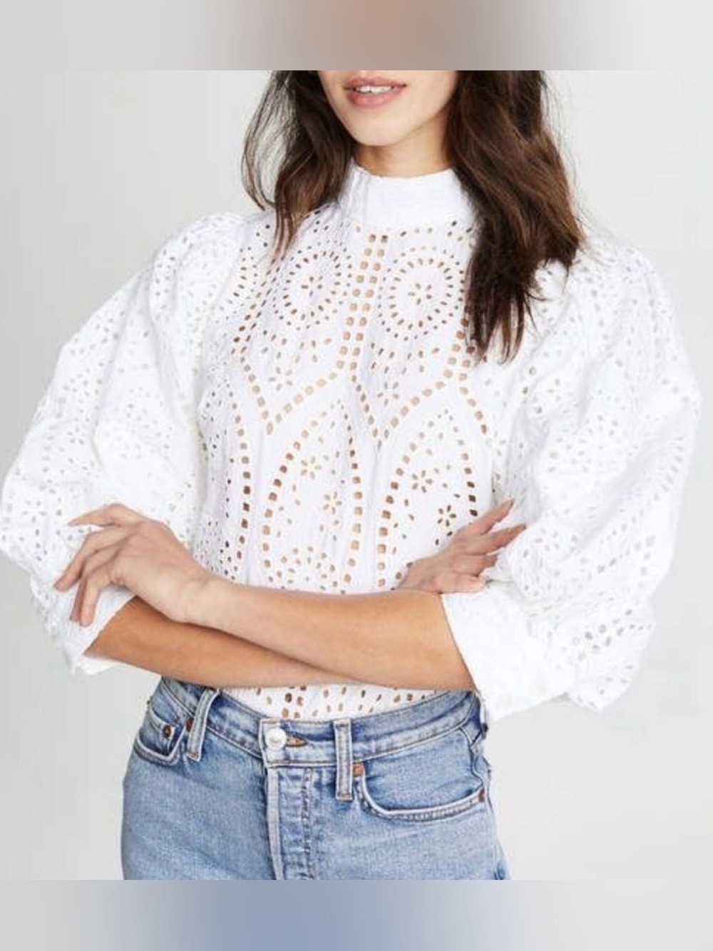 GANNI Falcon Broderie Anglaise Eyelet Puff Sleeves Blouse Top 38 US 6